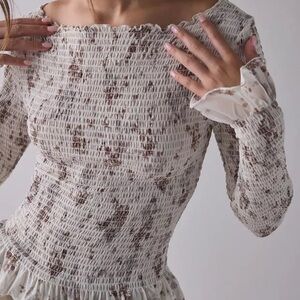 Kimchi Blue Cream and Brown Smocked Blouse